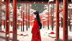 A slender Asian woman with long, straight black hair, wearing a red kimono, standing in a serene forest of wooden cubes with paper-screen niches and windows, during a light snowfall in winter.