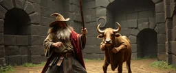 Gandalf as a cowboy, Frodo as a cow wrestler minotaur in labyrinth