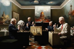 Putin, President Xi Of China And Joe Biden Play Chess With Atomic Bomb Mushroom Cloud,Complex Surgical Instruments Intermixed With A Newborn Boy,Minimalism,Painting By Adrian Ghenie,Rene Magritte,Pablo Picasso,Michelangelo,Salvador Dali,Lucian Freud