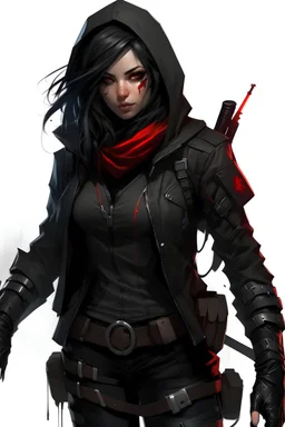 Light tan skin tone, female, age 20s, red eyes, black hair in a messy braid, black and grey hero costume, blood needles as weapon, black shoes, gloves on hands, carries guns on her hip, anti-hero, wears leather jacket with a hood