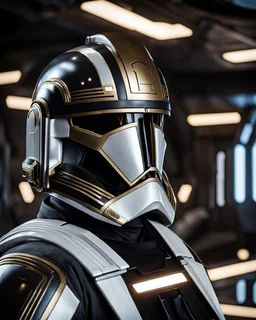 star wars bald male corellian pilot wearing pearlescent black and gunmetal grey First Order special forces armored flightsuit and helmet with gold trim inside the jedi temple, centered head and shoulders portrait, hyperdetailed, dynamic lighting, hyperdetailed background, 8k resolution, volumetric lighting, light skin, fully symmetric details