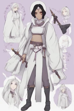 A dnd character sheet. A woman dressed for the cold north, with black hair and lilac eyes. She is a cleric with a sword.