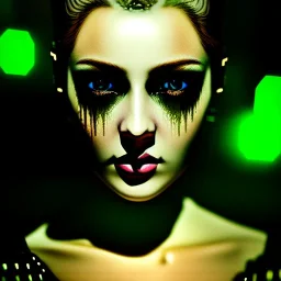 portrait oil on canvas, beautiful punk busty female Blade runner Replicant, intense stare, sad glowing eyes, post-apocalyptic in a cyberpunk city,minimal skintight latex dress, bladerunner movie poster, realistic, Crystal green eyes , elegant, intricate detail, , sci-fi fantasy style, masterpiece, volumetric lighting, particles, highly detailed ,cinematic , deep colours,8k, in the style of Kaare Andrew and WLOP and Artgerm and Greg Rutkowski and Alphonse Mucha.