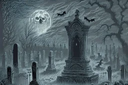 Cemetery with a ghostly figure looming over the scene, hauntingly beautiful, intricately detailed, monochromatic color scheme, dark and ominous