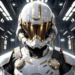 star wars bald male corellian pilot wearing pearlescent black and gunmetal grey First Order special forces heavy assault armor and helmet with gold trim inside the jedi temple, centered portrait, hyperdetailed, dynamic lighting, hyperdetailed background, 8k resolution, volumetric lighting, light skin, fully symmetric details