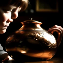 The reflection of a child on the surface of an old copper teapot