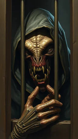 Bosch painting style nightmares, a scary alien creature with hood screaming and locked in behind bars , in dark prison environment with dim lights like 1800 prisons .