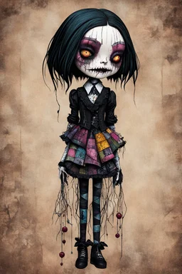 full color, full body illustration of a dark menacing Victorian goth vampire girl, ala Wednesday Addams, as a decayed, broken, crude homemade patchwork cloth doll toy, with contrast stitching across her patchwork face, hair made from ragged strips of cloth, art in the style of Alex Pardee