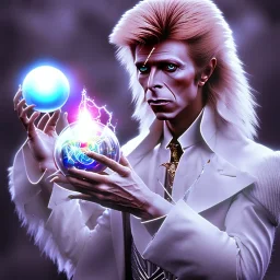 david bowie, mystical light, male model, white owl, Jim Henson's The Labyrinth, Jareth the goblin king, crystal ball in hand