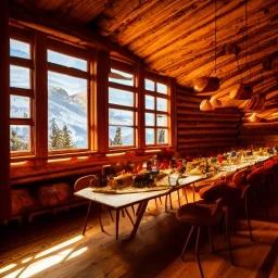 Mountain hut interior, five poeple eating gulasch, Austrian aesthetic, warm colors, wooden floor, night time, 8k, HD, cinematography, photorealistic, Cinematic, Color Grading, Ultra-Wide Angle, Depth of Field, hyper-detailed, beautifully color-coded, insane details, intricate details, beautifully color graded, Cinematic, Color Grading, Editorial Photography, Depth of Field, DOF, White Balance, 32k, Super-Resolution, Megapixel, ProPhoto RGB, VR