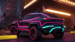 GWM Tank 300 Mansory Cyberpunk 2077 neon Style Rear View, Super Detailed, desktop wallpaper, 4K