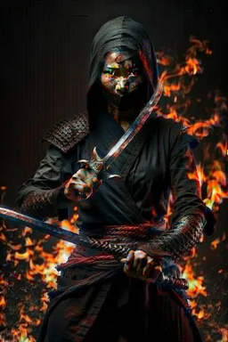 evils beauty female indonesia ninja with light eyes and dark shadow has a Dark Sword weapon (hidden shadow monster) full body Raw, realistic, background explode fire