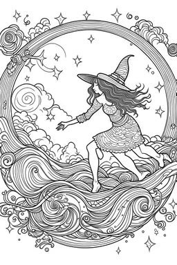 A witch flying on her broomstick across a starry night sky. . Outline, sketch style, only use outline, mandala style, clean line art, white background, no shadows, no clear wall, coloring page.