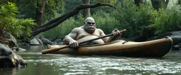 ancient bald fat ogre troll machete sitting relaxed in huge massive kayak in stream