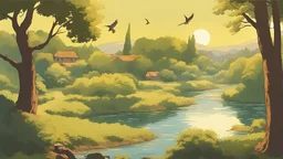 a beautiful countryside view, trees and rivers, birds, in ghibli art style, sunny day,