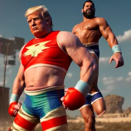 Realistic image of Donald trump wrestler, jump, Mexican wrestling style, eye line, red and blue breeches, glow us flag dress, suspenders, retro style, 80s, vibrant color, highly detailed, clean background, concept art, unreal engine 5, god rays, ray tracing, RTX, lumen lighting, ultra detail, volumetric lighting, 3d, finely drawn, high definition, high resolution.