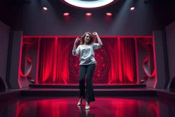 modern stage with gray-dark red theme artistic decoration , color full dynamic lighting, a beautiful lady in pants and blouse with shining silver jewels dancing, 3D recursive fractal structure animating background