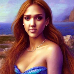 A beautiful portrait of Jessica alba as a mermaid , leaning on a ships deck ,Rough sea in the background, (digitall art by Eugene de Blaas and Ross Tran, vibrant color scheme, highly detailed, in the style of romanticism, cinematic, artstation best quality, realistic lighting, masterpiece portrait, details light dusting , cowboy shot from above, simple chain hauberk Vector art digital illustration 3D shading )