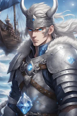 1man warrior in anime style, with blue eyes wearing silver Vikings armor with a blue crystal on his chest with a battle axe on the pirate ship, anime, anime style