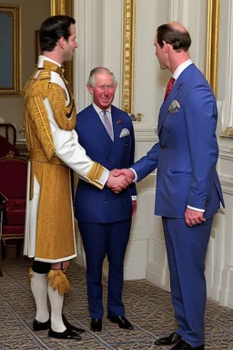 The Prince of Wales in traditional dress shakes hands with a guest in a blue suit, drawing room of St James's Palace, during a reception