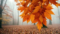 Theme Autumn. Triple exposure. Bottom layer is a misty view of an autumnal forest, leaves changing colour, fallen leaves on the ground. Second layer shows chestnuts, acorns, berries from a closer viewpoint. Top layer is semi-transparent and shows large perfect autumnal maple leaves. The whole image melds together into a commentary on the autumn season in nature.