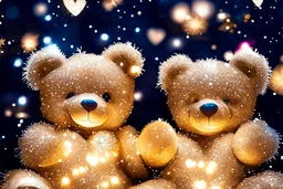 cute teddy bears holding hearts covered in sparkling gold glitter, beautiful winter composition, snowflakes, pine branches, Christmas ornaments and glowing Christmas lights