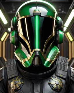 star wars bald male corellian pilot wearing black and bright gasoline green First Order special forces TIE pilot commando armored flightsuit and helmet with gold trim inside the jedi temple, centered head and shoulders portrait, hyperdetailed, dynamic lighting, hyperdetailed background, 8k resolution, volumetric lighting, light skin, fully symmetric details