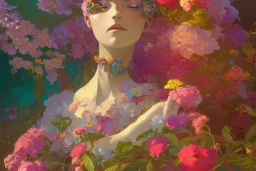 gardenia flowers, colorful, psychedelic, intricate, elegant, highly detailed, digital painting, artstation, concept art, smooth, sharp focus, greg rutkowski art and alphonse mucha, ghibli robot