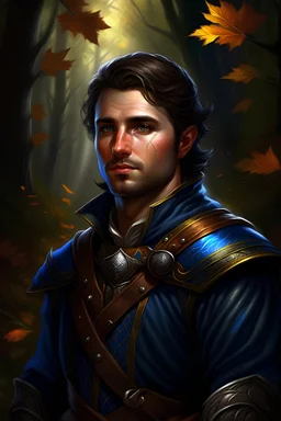 Portrait of an D&D bard adventurer with blue eye color, brown hair, solo, pinup, wearing classic adventuring leatherarmor, realistic eyes, male, solo, canvas painting, dark colors, realistic Rembrandt lighting, dark forest background