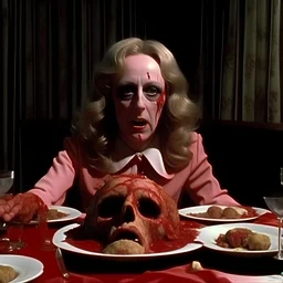 Spooky, ultra realistic distress, dining, ultra realistic hot woman, pieces of meat, silver organic palen ail dynamic, anguish, excited and lively scene, hypermaximalist figures, stb, Creepy the Ring Alfred Hitchcock, Sam Raimi, insanely detailed, sinister, John Carpenter, Dario Argento, ornate