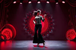 modern stage with gray-dark red theme artistic decoration , color full dynamic lighting, a beautiful lady in pants and blouse with shining silver jewels dancing, 3D recursive fractal structure animating background