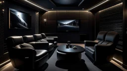 black themed home cinema room, recliners, ambient lighting, warm environment