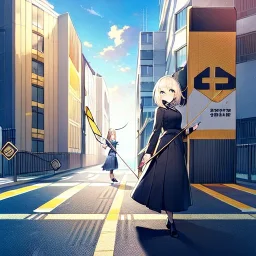 anime girl walking down a yellow brick road, holding a bow with arrow , road signs, arrows, direction into the street