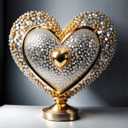 A magnificent golden and silver heart-shaped sign adorned with a stunning golden sphere encrusted with sparkling diamond clusters at its center, elegantly spinning in position.