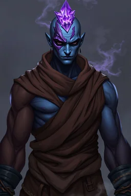 Generate a male air genasi from dungeons and dragons. Muscular build Wearing full monk clothing. he should have dark blue skin with a purple scar across his face. no hair but purple crystal barely breaking through his scalp. his eyes should be black. He has a pained look. He has a smokey aura