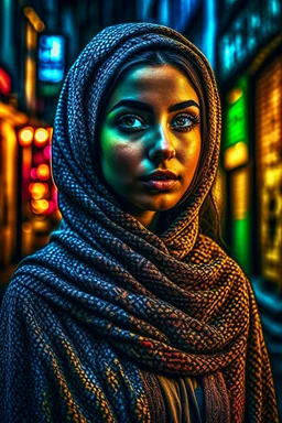 a beautiful Arabian girl in hijab , set against a gritty urban backdrop, The image should be highly detailed and intricate, with a sharp focus on the woman's features, and a neon color palette that pops against the dark background, the style should be reminiscent of street art and urban culture, with exaggerated and stylized features that give the portrait a larger-than-life feel, trending on artstation and instagram, art inspirations include banksy, Shepard Fairey, and lady pink.