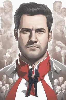 Powerful classical portrait of a modern dark haired politician in his 30s wearing a red shirt standing in a powerful position