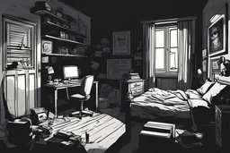 Many perspective dark bedroom design with desk, window for a pretty, grim, depressed short animation, teethmeat gorillaz style