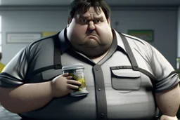 Cree l image d un agent de sécurité obese et sale. Il porte une chemise blanche tachée et boit une cannette de la marque monster. Il a des cheveux noirs hirsutes. 4k realiste
