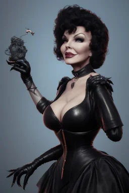 Joan Collins as evil queen in black leather, leather, busty, cleavage, angry, stern look. character design by cory loftis, fenghua zhong, ryohei hase, ismail inceoglu and ruan jia. unreal engine 5, artistic lighting, highly detailed, photorealistic, fantasy