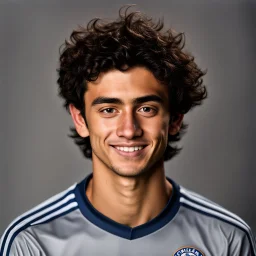 85mm DSLR color photography of a very detailed headshot fitting all of head and hair in frame. 20-year-old Uruguayan soccer player, and with no facial hair and has no facial hair, has short and black hair with a small smile, grey background is in a Chelsea fc shirt