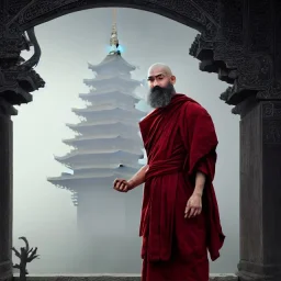 Portrait of a monk, fog, distant Asian temple, profile, grim, dark, Frank Frazetta, Greg Rutkowski, hyperdetailed, trending on Artstation, Splash screen art, dynamic lighting, intricately detailed, a masterpiece, 8k resolution, high contrast, bearded, red robe, detailed face, dramatic pose, photorealistic,