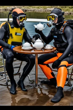 2 divers with full diving gear on, goggles, flip flops and suits are sitting outside at a round table having tea