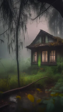 A swamp surrounded by bamboos long trees in cloudy, depressing, foggy, with a dim of light in the distance , there is an abandoned cottage of an old house covered with leaves. A light inside the house though the window