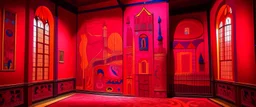 A red and magenta fiery factory themed castle designed in medieval tapestry painted by Pablo Picasso