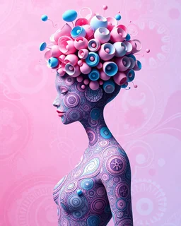 A digital artwork of a female figure adorned with intricate patterns and designs. The figure's body is covered in swirling lines, circles, and other abstract patterns in hues of pink, blue, and white. Her head is uniquely decorated with a bouquet of spiraling, bubble-like structures in shades of pink and blue. The background is a gradient of pink and blue, with abstract patterns that complement the figure's design. The overall ambiance of the image is dreamy and surreal.