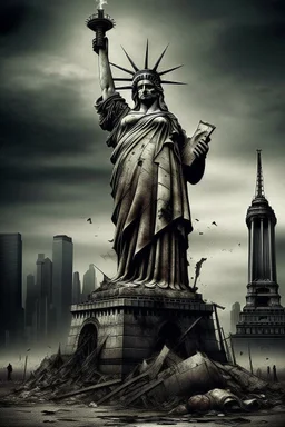 the statue of liberty, dress dirty and torn, her face solemn and terse, her head hanging in defeat, trash littered at her feet, the skyline dark and grungy