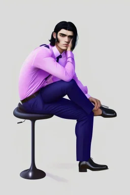 A guy with black hair, sitting on a chair, wearing a beautiful white shirt with pleats. in trousers with pleats