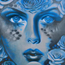 A detailed high quality surreal painting of a delicate, shimmering single blue animorphic rose woman, a small pretty face in its petals, two eyes, pouting lips, delictae nose, background is a blurred black and white hypnotic pattern, very mod, 1960s inspired art, psychedelic, highly detailed conceptual art, mixed media collage, dark fantastical atmosphere, fine lines, dali-esc, beautiful and natural, strange art, optical illusion