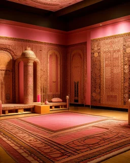 A pink woven desert designed in ancient Egyptian architectures and sculptures painted by Gustav Klimt